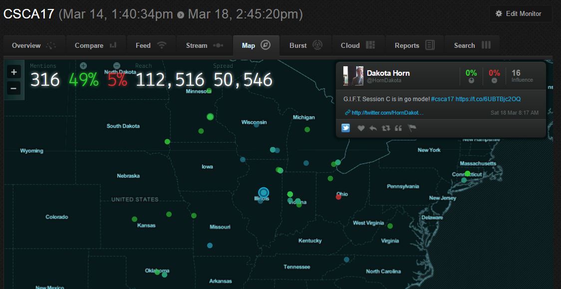 skhunt2's tweet image. Geo-tagged tweets using #csca17 plotted on a map from @ISUSOC_SMACC. @HornDakota