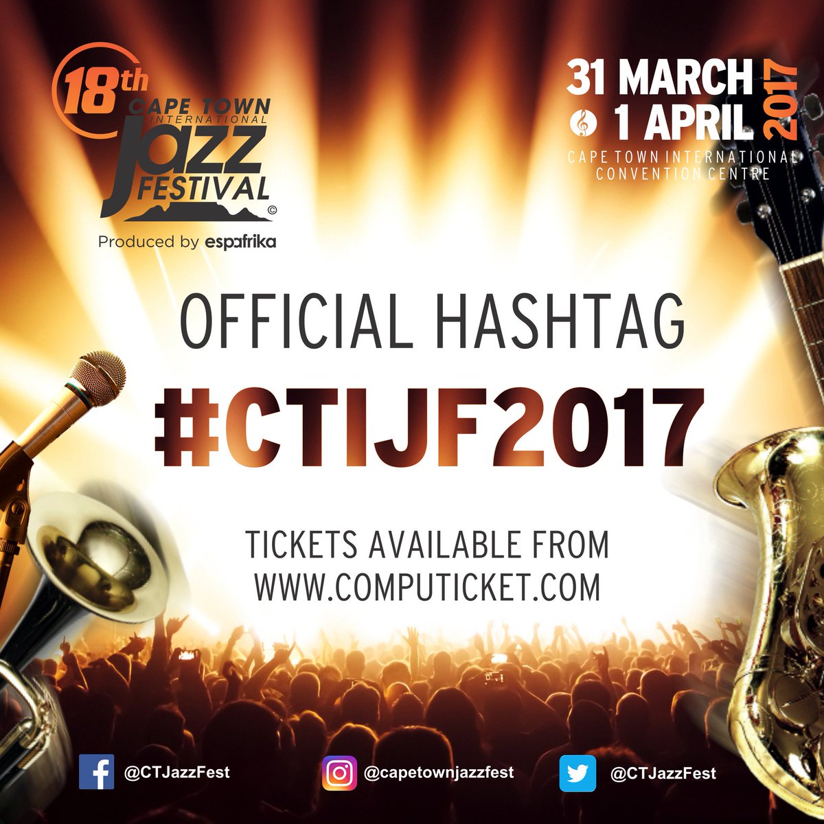 spokytree's tweet photo. The official hashtag to the 18th Annual @CapeJazzFest brought to you by @espafrika. Be part of this by getting your ticket @Computicket https://t.co/Eiz3GJXiKw