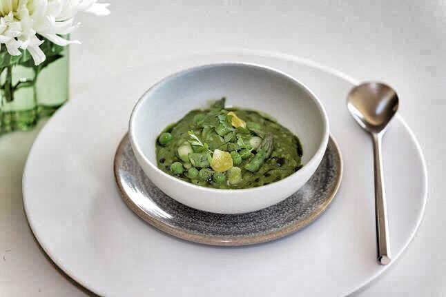 Wild garlic &amp; pea risotto, asparagus, chervil butter. Let us treat your guests to this at the next tapas party! #mustardcatering #london