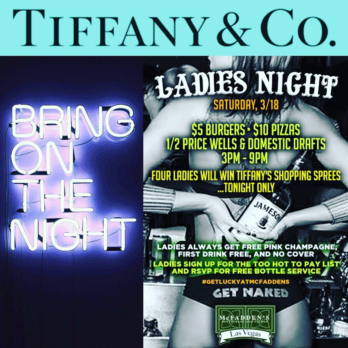 McFaddensLV's tweet photo. Join us for #LADIESNIGHT tonight!! Ladies drink 1/2 off!!💙#tiffany & #champagne
$5 🍕 $10 🍔 #pluginvegas #onlyatmcfaddens #TiffanyAndCo https://t.co/n0dKi1OcOQ