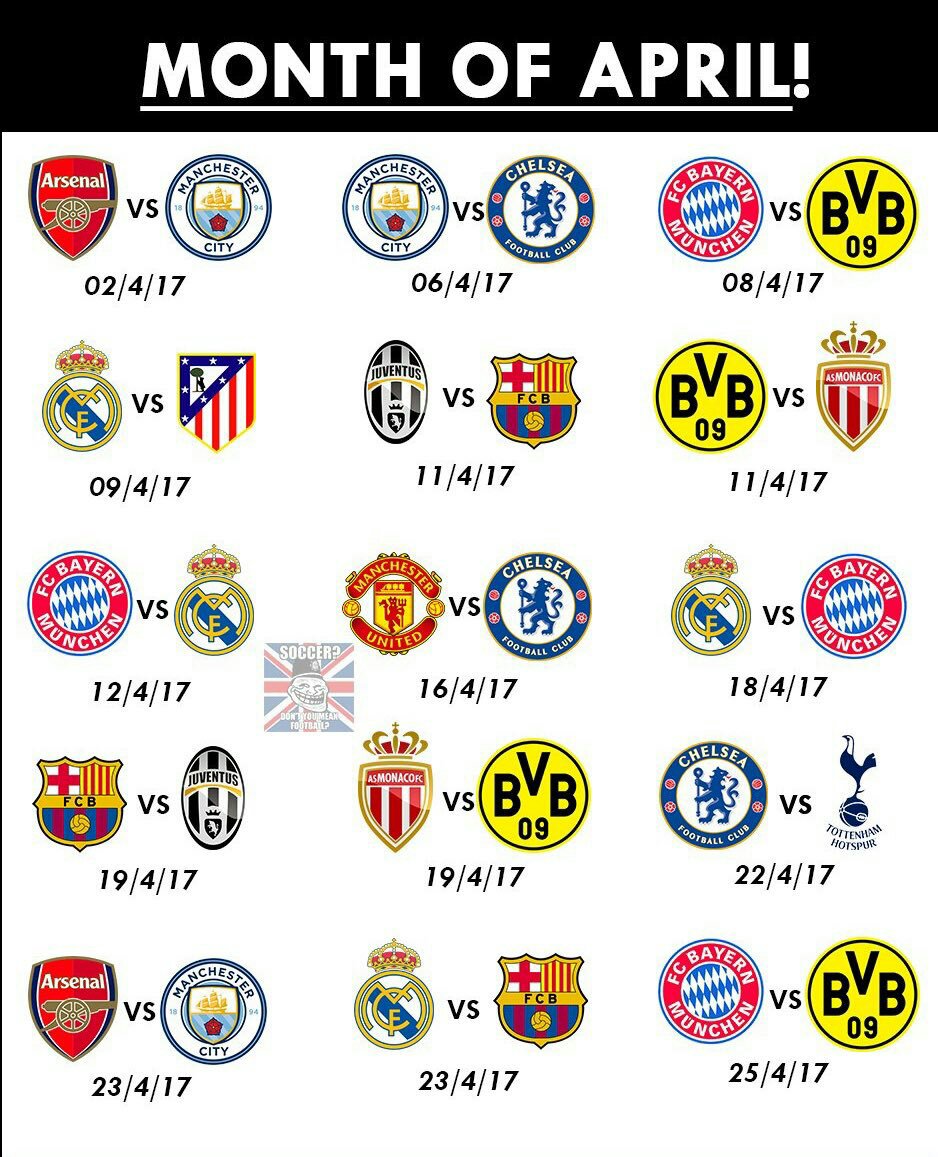 Hy tweeps, Long time no see
Mau share jadwal bulan april ini, padat banget bagi anak bola, siap2 nyari tempat nobar