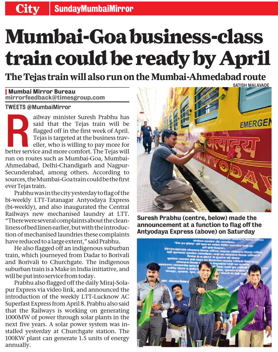 Central_Railway's tweet photo. MR @sureshpprabhu flags off train, inaugurate rail facilities. Mumbai Mirror https://t.co/3kr6JoAxAV