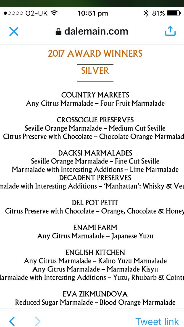 DacksiMarmalade's tweet photo. 2 Artisan Silver awards for our Lime marmalade &amp; Seville orange @MarmaladeAwards congratulations all winners @farmavemaria @burwashlarder https://t.co/VzG8xftlO3