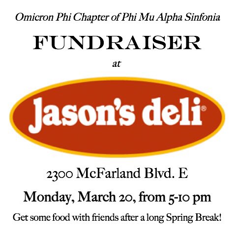 Come support our chapter by eating at Jason's Deli on Monday, just tell the cashier you're with Phi Mu Alpha! #fundraiser #jasonsdeli