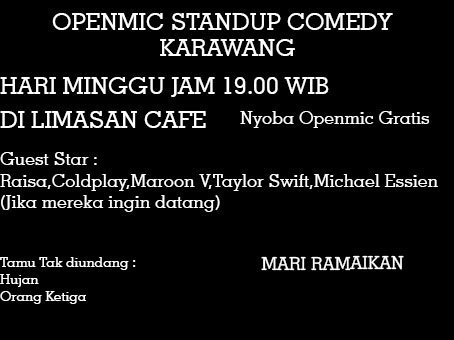 StandUp_KRW's tweet photo. Malam ini #OpenmicKRW jam 7 malam di limasan cafe @komtungTV @StandUpIndo https://t.co/KFhbDnRVdp