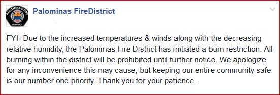 CCFirenIncident's tweet photo. Per #PalominasFD #BurnRestriction All burning within the district will be prohibited until further notice. #CochiseCounty #AzWx #Palominas https://t.co/JqB0zmVYSX