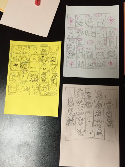 昨日開催されたうろ覚えキャラビンゴ大会のシート、力作。
景品提供のカメごさん、緒方さんありがとうございました! 