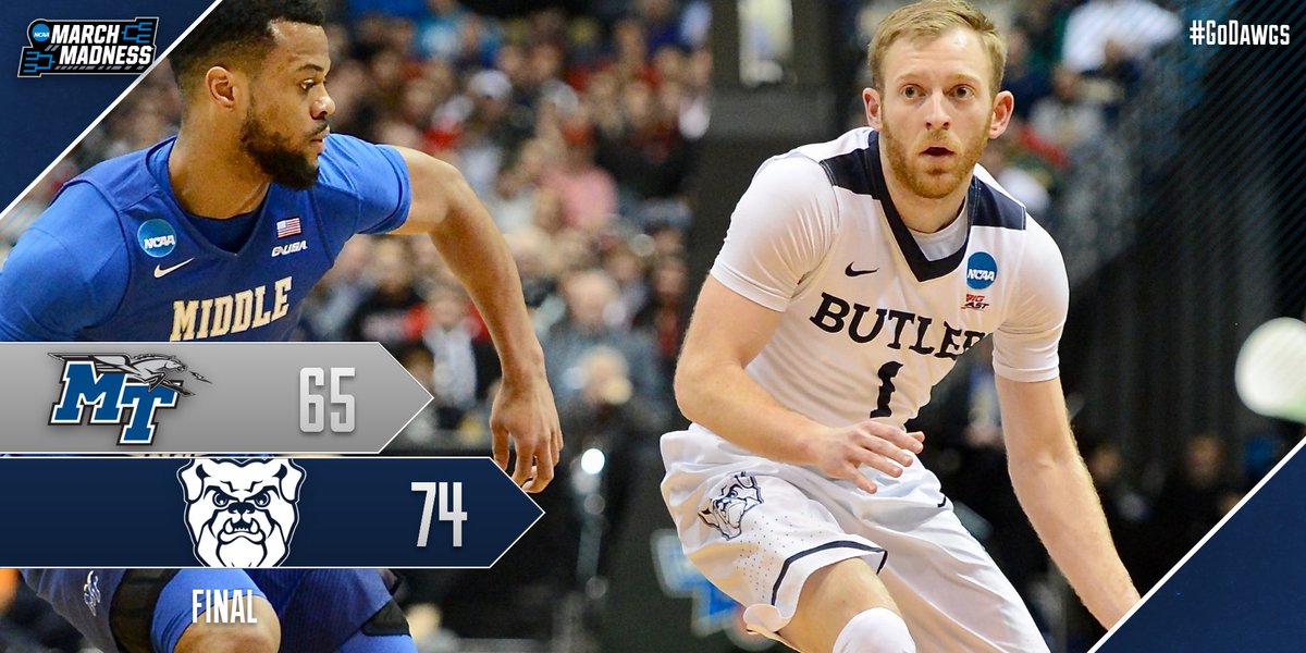 ButlerMBB's tweet photo. SWEET SIXTEEN!!!!!  Butler defeats MTSU, 74-65.  #GoDawgs #BEDancing https://t.co/2hORt1TPP2