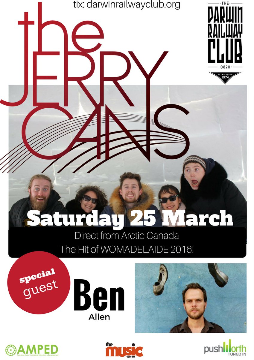 AmpedAUS's tweet photo. #thejerrycans live #darwinrailsclub, Sat 25 March. Special Guests #benallen, Thanks to #pushworth + #ampedaus https://t.co/GsChh7TXzS