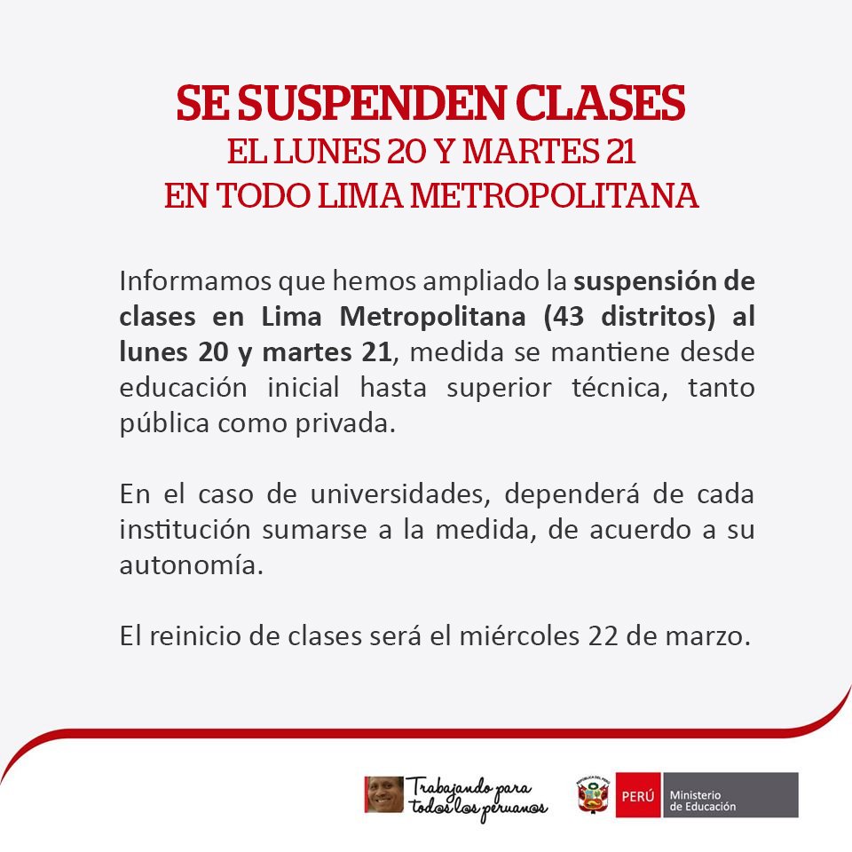 MineduPeru's tweet photo. #COMUNICADO Se amplía suspensión de clases en todo Lima Metropolitana al lunes 20 y martes 21, reinicio será el 22 de marzo. https://t.co/rxIn0sYk8Q