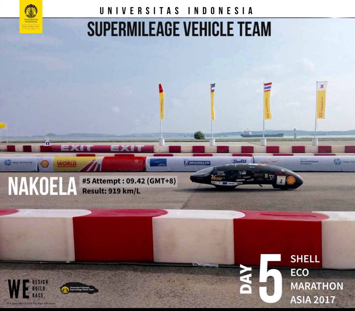 [DAY  5 SEMA 2017]

We made our last attempt today! We reached 919 km/L

#Makethefuture #shellecomarathon