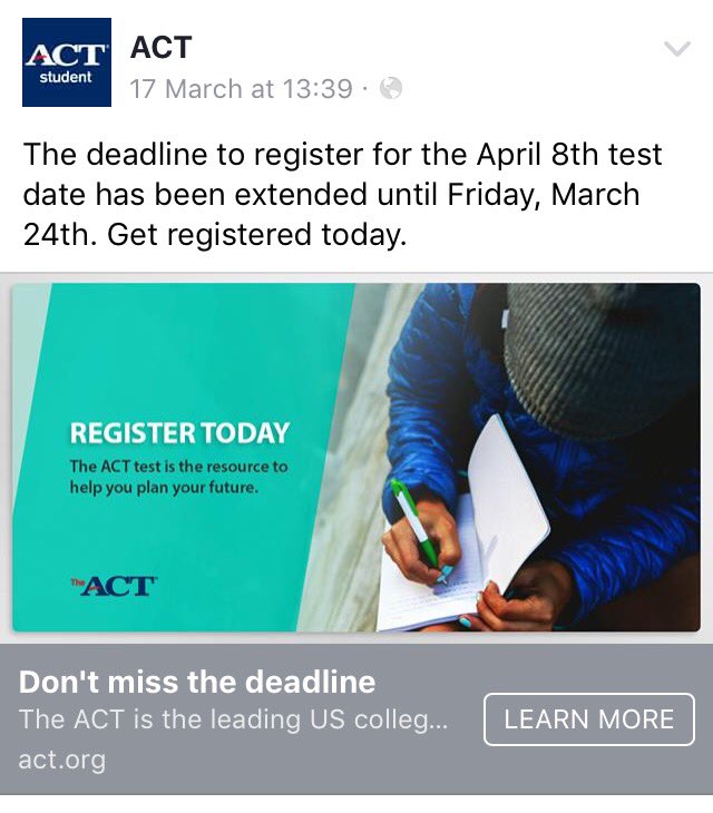 SCHS_CCC's tweet photo. #SCHSACT April ACT registration deadline has been extended to THIS FRIDAY!! Late fees added. @Rocket_Guidance https://t.co/WGO2k9u9Ok