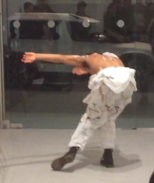 PaulKindersley's tweet photo. choreographer Miguel Altunaga and dancer Jacob O'Connell responding to @MichaelaZimmer_ painting last night at @APTGallery #NewMat17 🖤✔️🔝👀 https://t.co/lIl6fUAB2Y