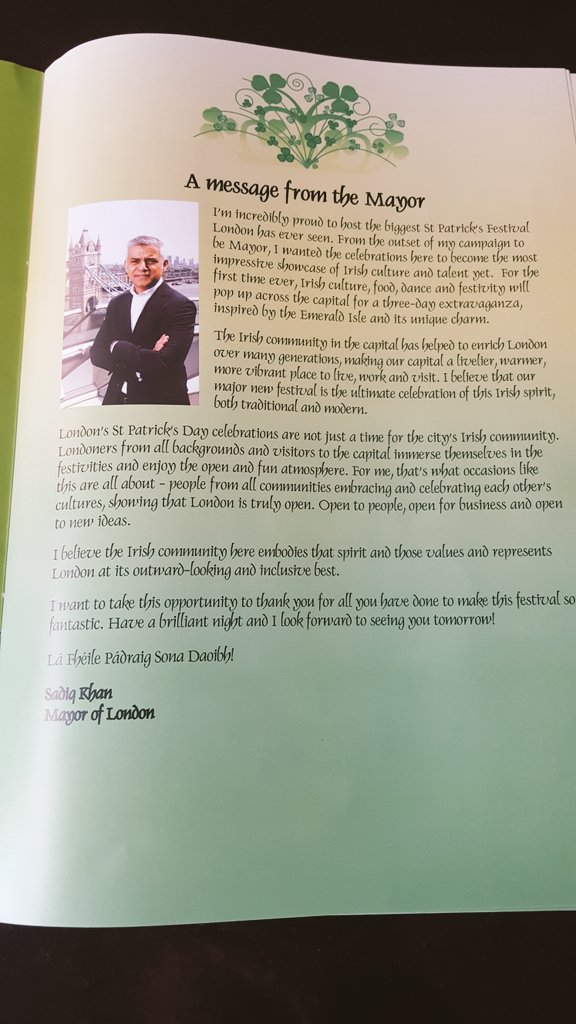 DanMulhall's tweet photo. From Sadiq Khan @MayorofLondon #StPatricksDay message: the Irish community 'represents #London at its outward-looking &amp; inclusive best ' https://t.co/3NZeoSymi8