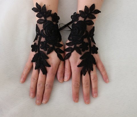 Black Beaded Lace Gothic Theatrical Gloves