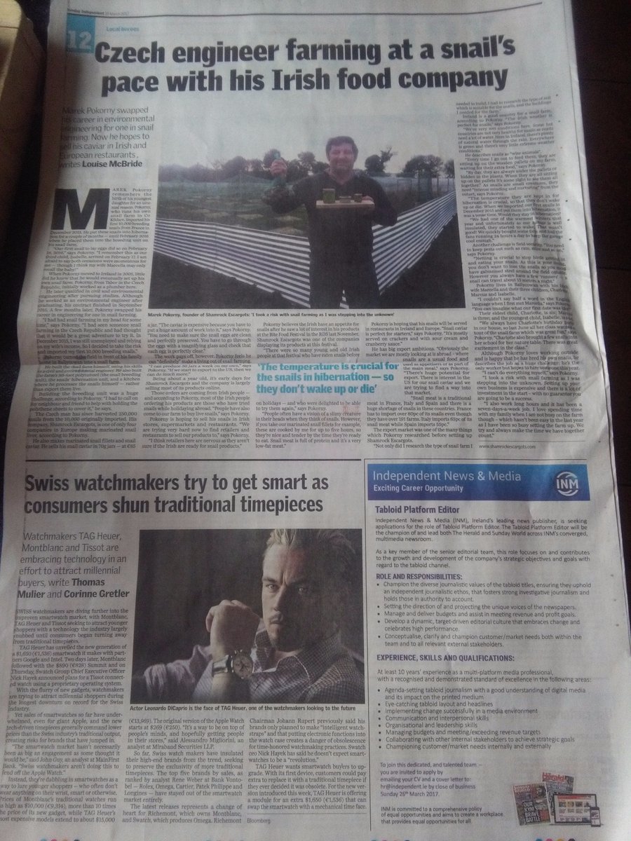 SEscargots's tweet photo. Ha ha Leonardo DiCaprio, Shamrock Escargots has larger article in todays Sunday Independent then you ( business section page 12) https://t.co/G1ZLIYmS9d