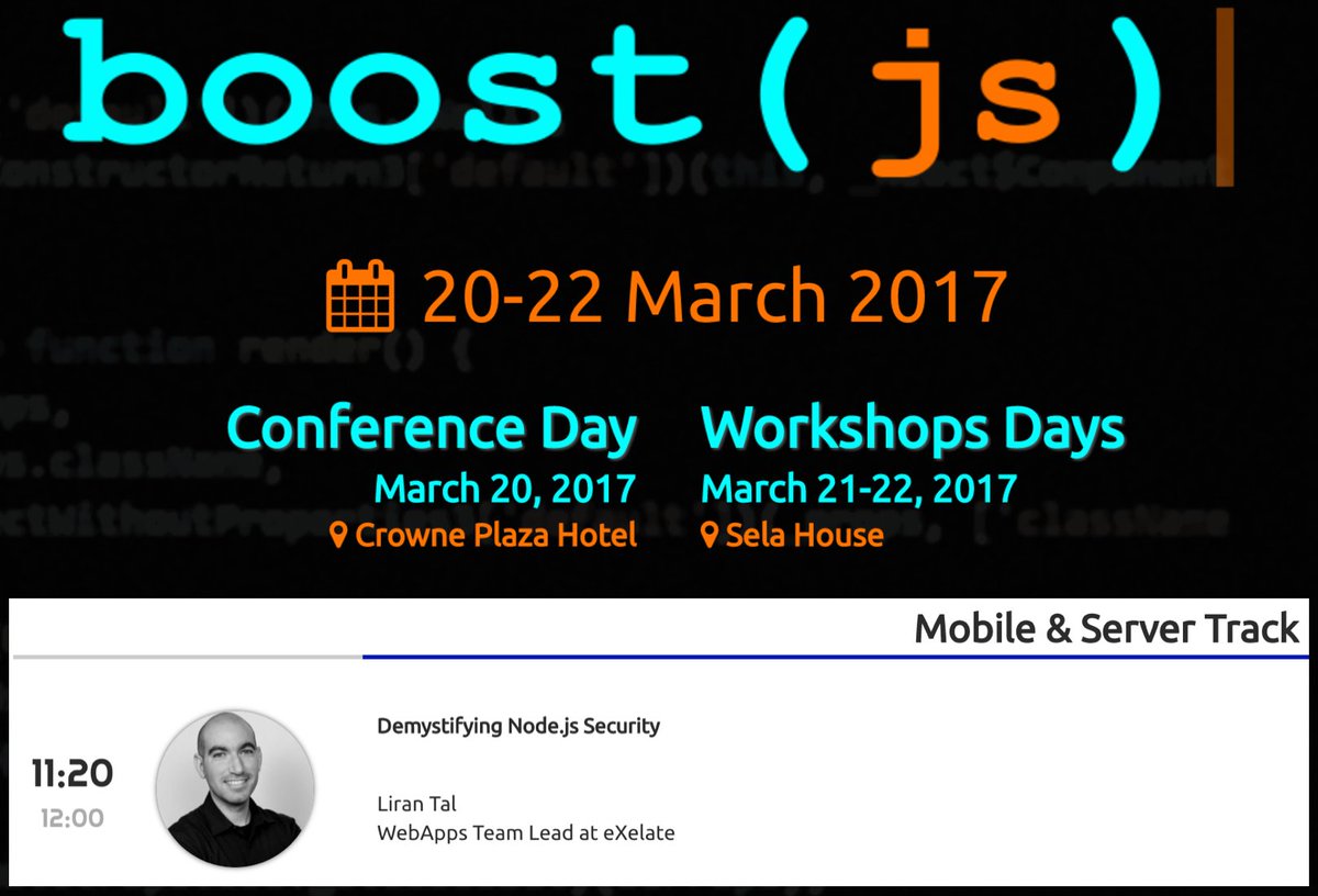 liran_tal's tweet photo. Speaking tomorrow on #NodeJS #AppSec topics in @boostjs #JavaScript #Israel conference. https://t.co/YLO0YQ61gB