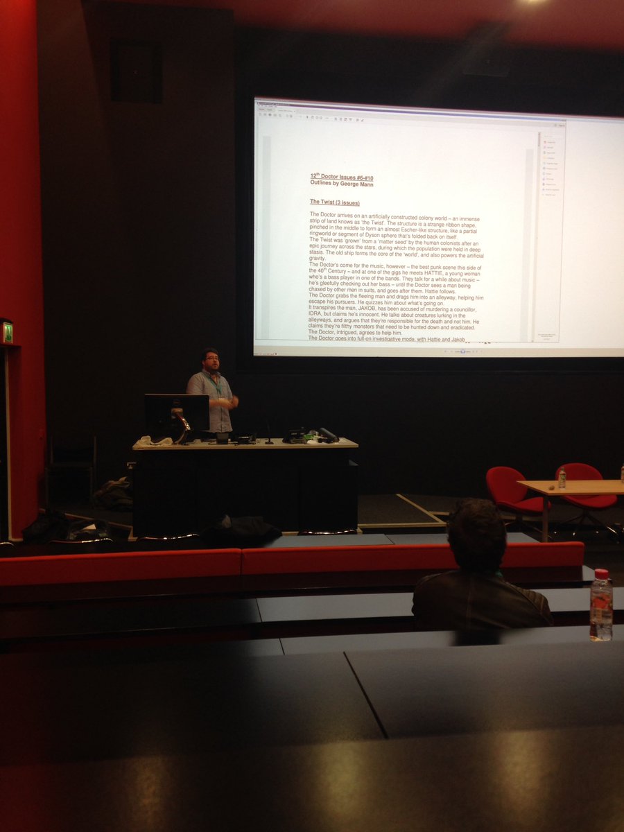 StoneTapes2017's tweet photo. George Mann talking through the points of comic book writing #stonessymposium #doctorwho #lincoln @bbcdoctorwho https://t.co/L5NzHY7705