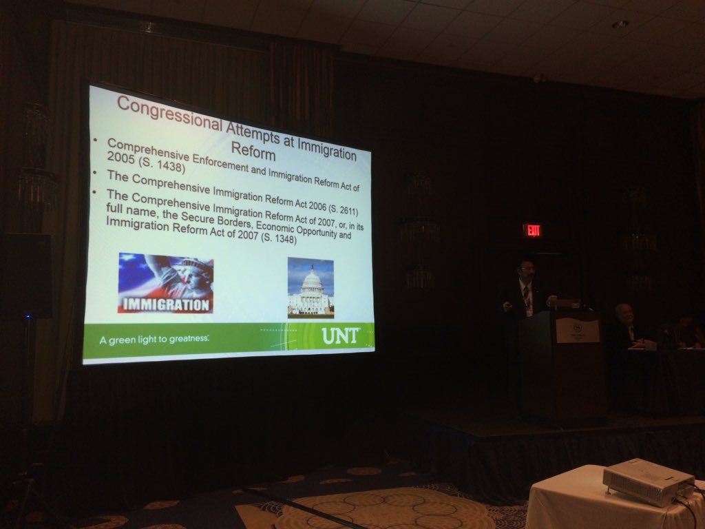 Dr. Abraham Benavides of <a href="/UNTnews/">UNT News</a> speaking on #ASPA2017 presidential panel on immigration, polarization of issue nationally and local impact