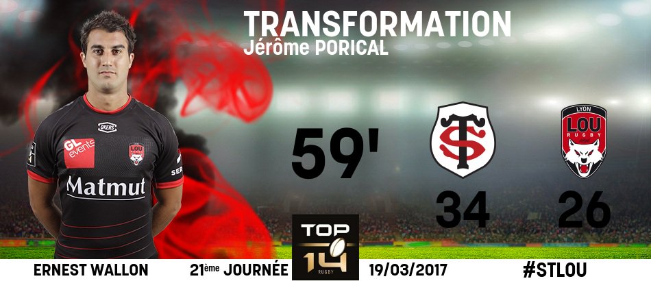 LeLOURugby's tweet photo. 59' : 34 - 26  | #TOP14 #TEAMLOU  | Jérôme #Porical prend la botte et transforme ! Le LOU recolle petit à petit... #STLOU https://t.co/bsxwXKNDud