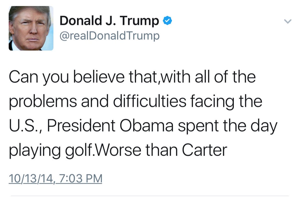 kharyp's tweet photo. Can you believe that, with all of the problems &amp; difficulties facing the US, President Trump spent the day playing golf. Worse than Bush https://t.co/erzOt5yAel