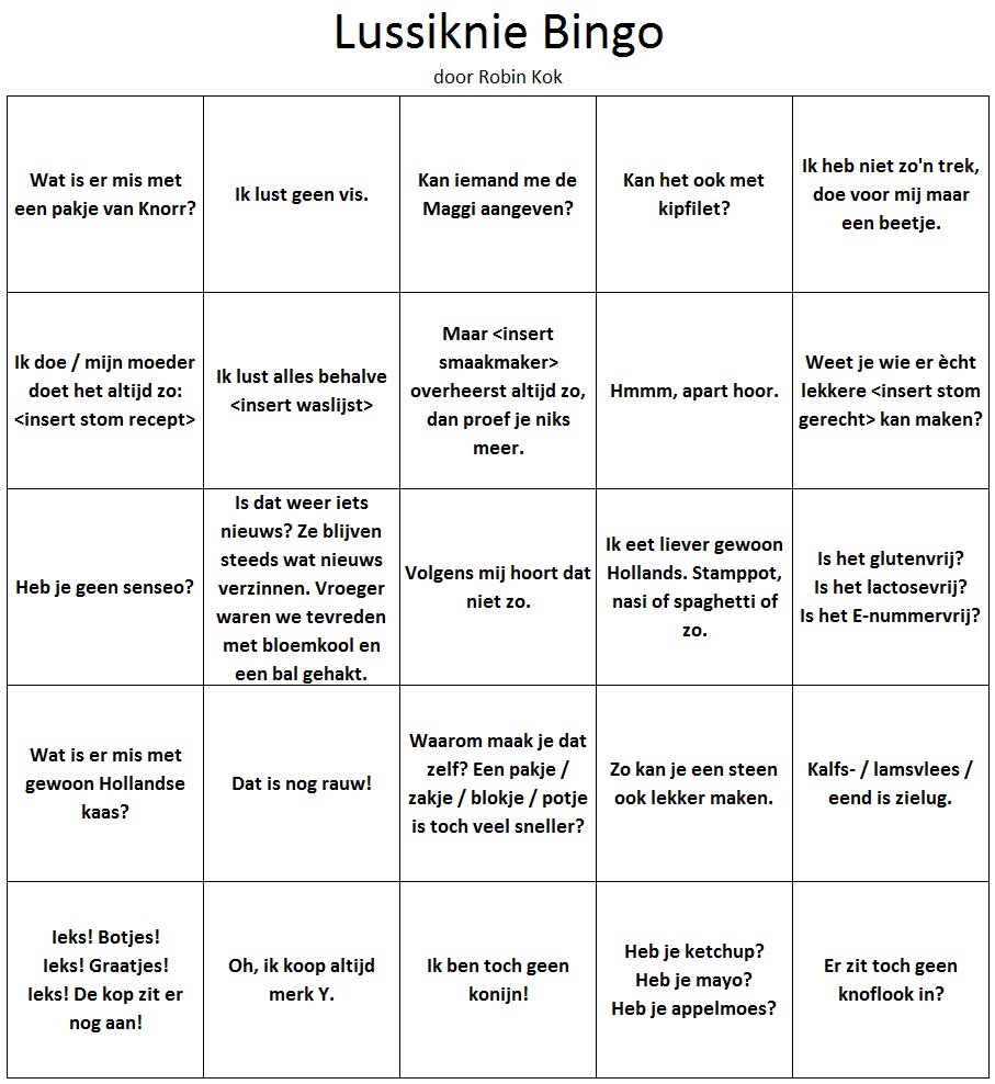 Voor iedereen die moet koken voor een gezelschap lussiknie gasten: de lussiknie bingo! Dan valt er tenminste nog wat te lachen