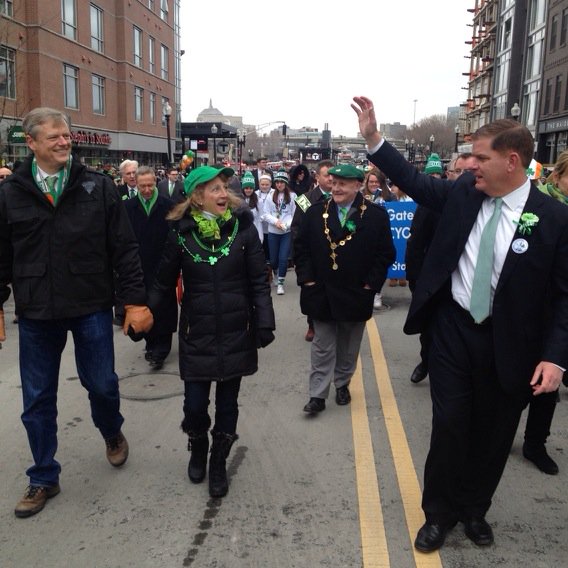 PaulWBZ's tweet photo. Governor and mayor walk together and St. Patrick's Day parade #wbz https://t.co/fAR2JRmU1e