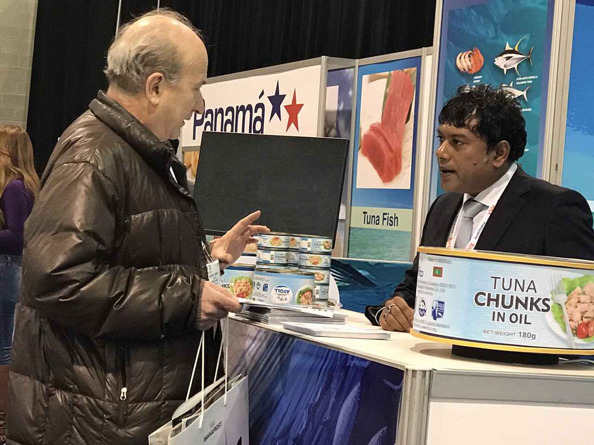 bostonshowmv's tweet photo. @mifcomv promoting their international brand of canned tuna, #Atoll brand #BostonSeafoodShow https://t.co/eRxmeVl3wa