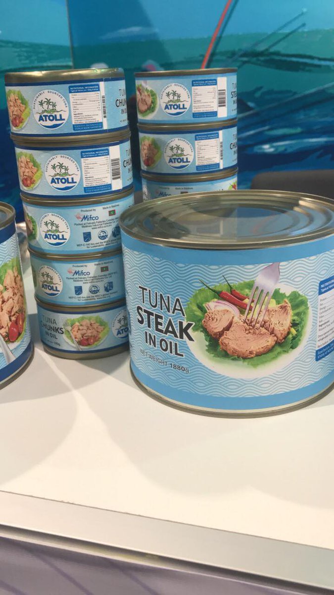 bostonshowmv's tweet photo. @mifcomv promoting their international brand of canned tuna, #Atoll brand #BostonSeafoodShow https://t.co/eRxmeVl3wa