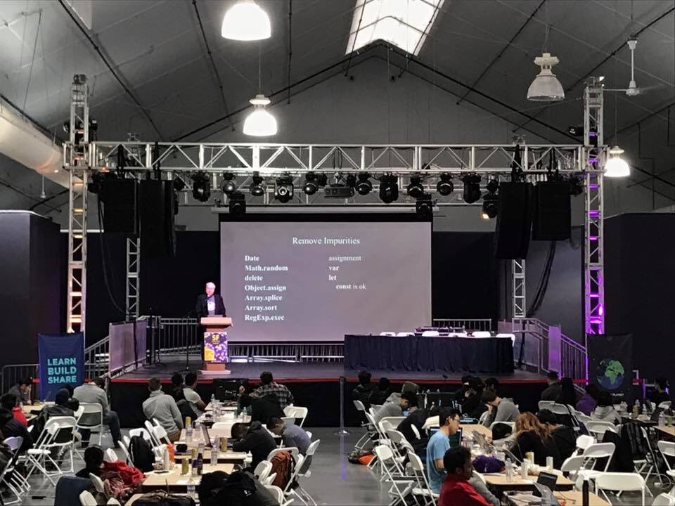 sfhacks17's tweet photo. Our closing speaker, Douglas Crockford, who is an SF State alumni and founder of JSON. https://t.co/nv05uYyluB