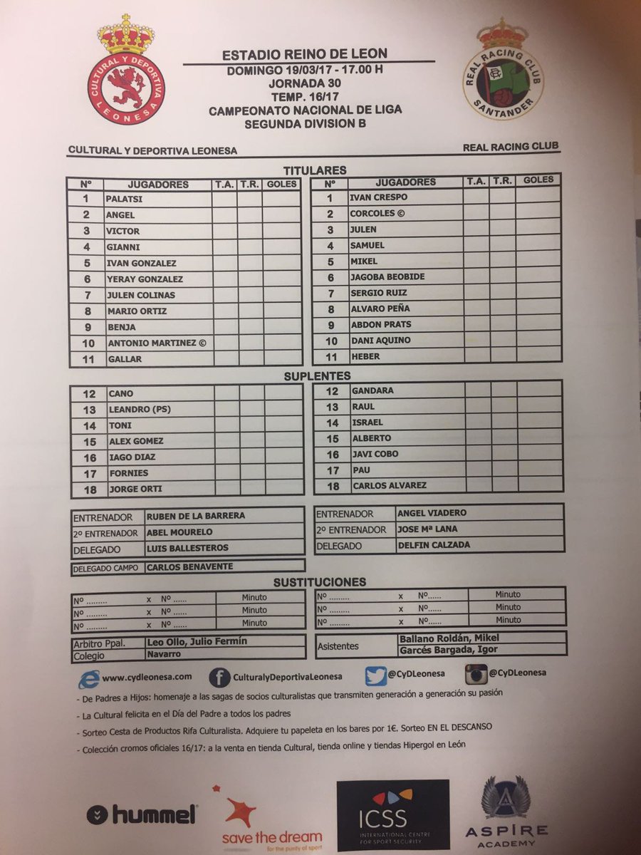 CyDLeonesa's tweet photo. Alineaciones @CyDLeonesa-@realracingclub #CultuRacing https://t.co/v9Vf2lmF9g