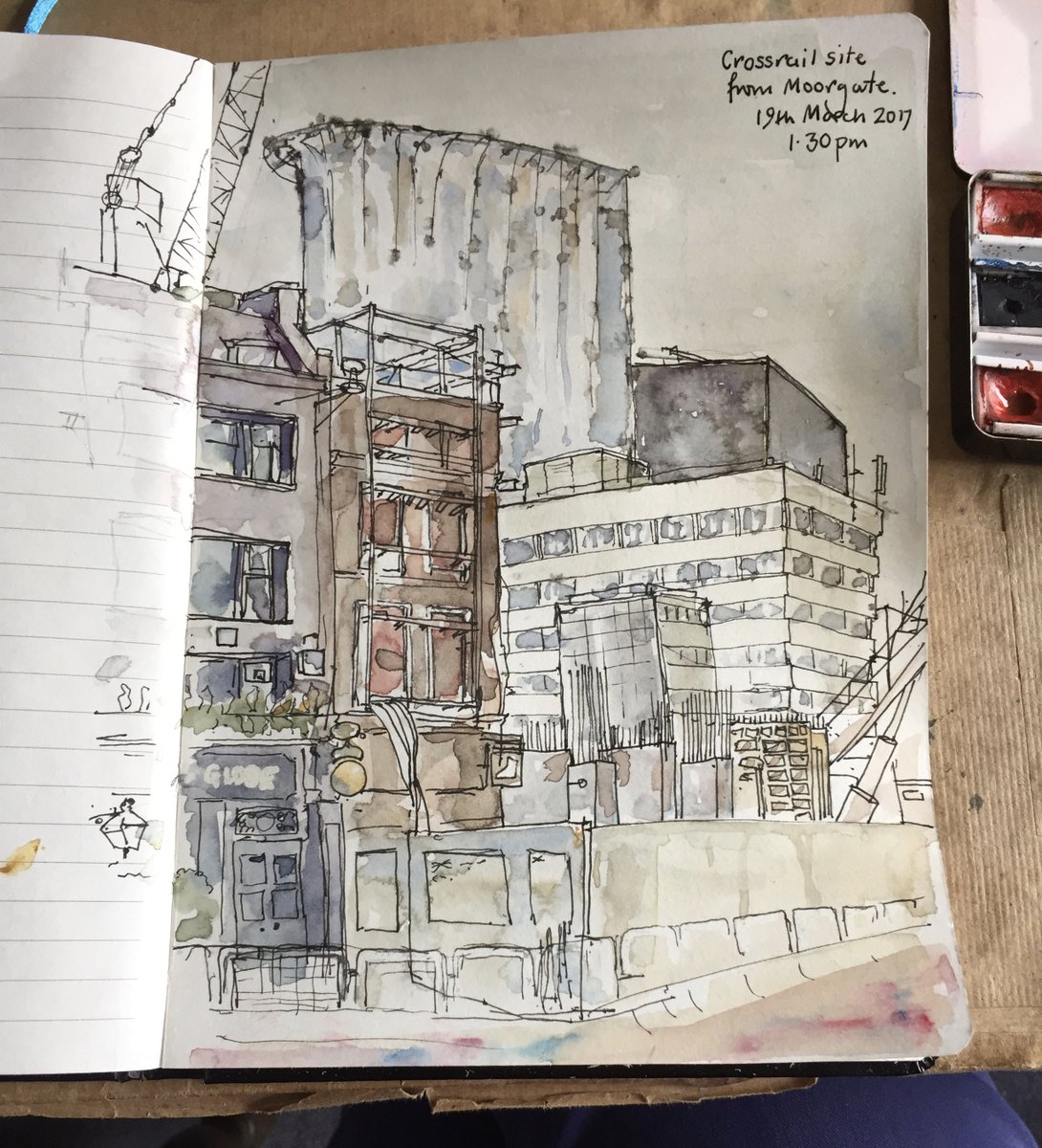 Today’s sketch: <a href="/Crossrail/">Ewan</a> site from Moorgate. <a href="/CityPointEC2/">Citypoint</a> in the background. <a href="/UrbSketchLondon/">UrbanSketchersLondon</a>  wp.me/p83S1i-eK