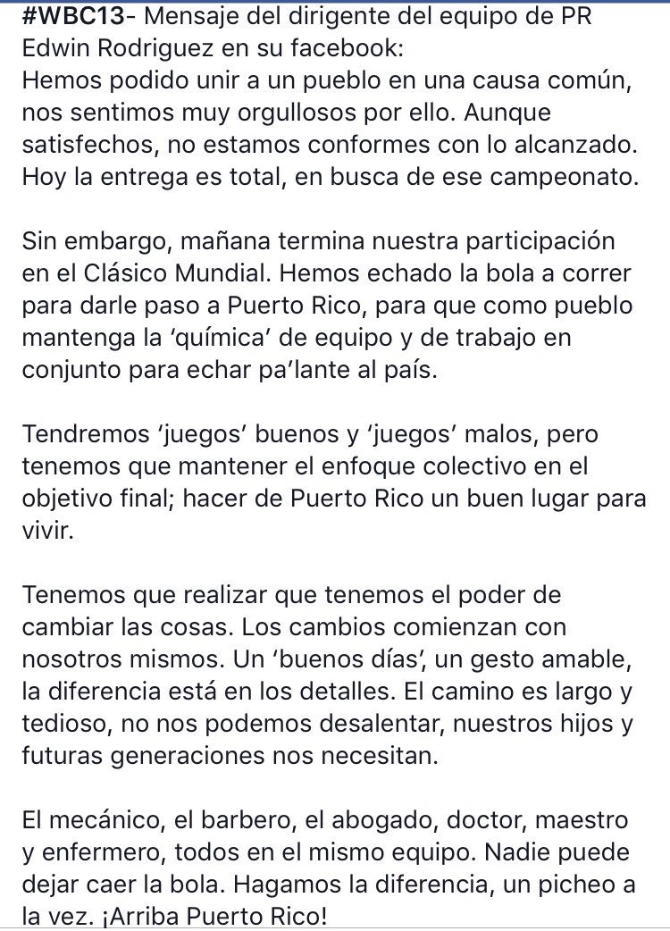 DaphneBarbeito's tweet photo. Mensaje del dirigente Edwin Rodriguez a #PuertoRico #WBC13 @WBCBaseball @WBCB ♥️💪🏼#TeamPR @VisitPUR https://t.co/AjaeDRbgzy
