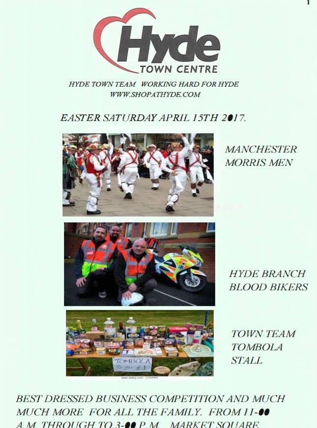 Plan a visit to Hyde on April 15th #themanchestermorrismen #Hydebloodbikers #hydetownteam tombola #Competition best dressed window