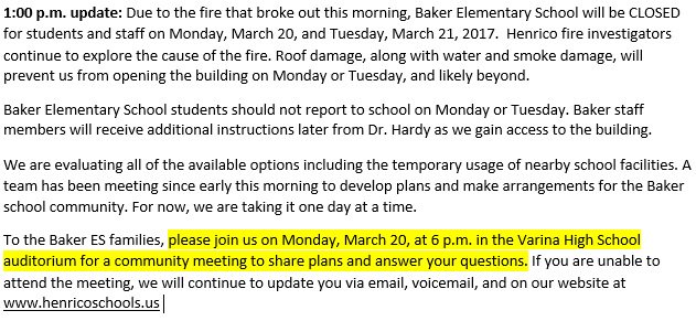 HenricoSchools's tweet photo. Full afternoon update, including Baker ES community meeting set for 6 p.m. Monday in the nearby Varina HS auditorium: https://t.co/18q6TpZHJ1