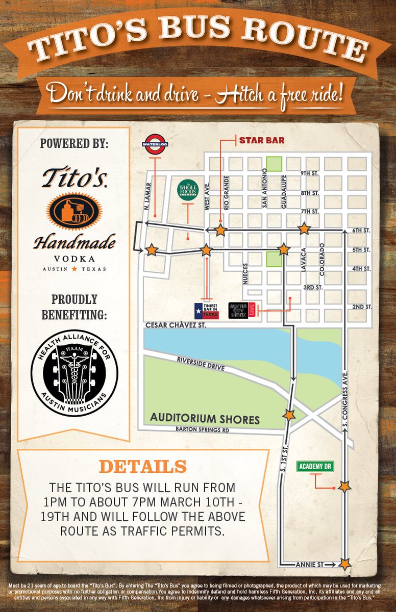 TitosVodka's tweet photo. All aboard the #TitosBus! Don't drink & drive, hitch a free ride around downtown #Austin! 🌟 https://t.co/u3ZikeY9wD