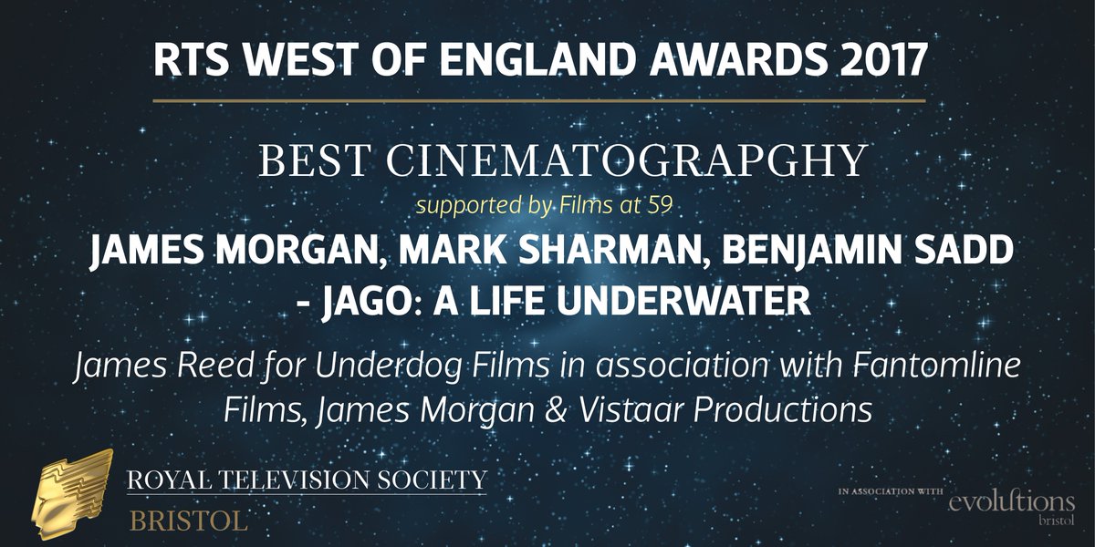 RTS_Bristol's tweet photo. .@filmsat59 present the Cinematography Award. The winners are James Morgan @MarkSharmanCam &amp; Benjamin Sadd for Jago #RTSBristol https://t.co/R0yMPWzJto
