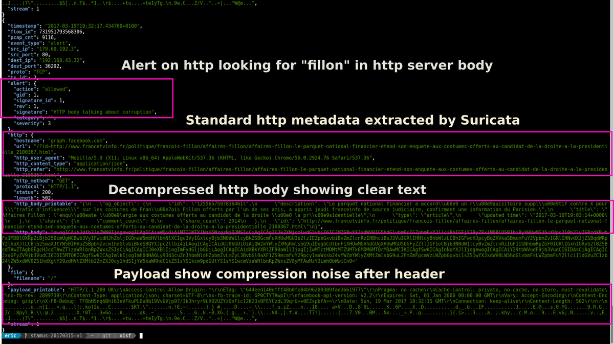 Regiteric's tweet photo. Work on enhancing #suricata IDS alert done at @StamusN: JSON object with full metadata extraction to a clear understanding of threat https://t.co/kLnMz2SdNE