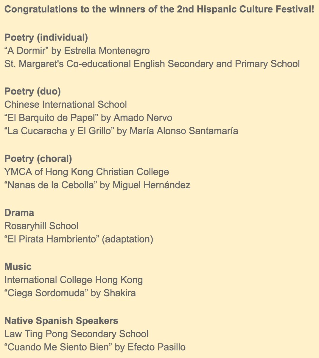 HKSSCF's tweet photo. Congratulations to the winners of the 2nd Hispanic Culture Festival!
#HKSSCF @SpanishLTPSS @CISHK @ICHK_edu @ICHK_Secondary https://t.co/78bKRHzQwY