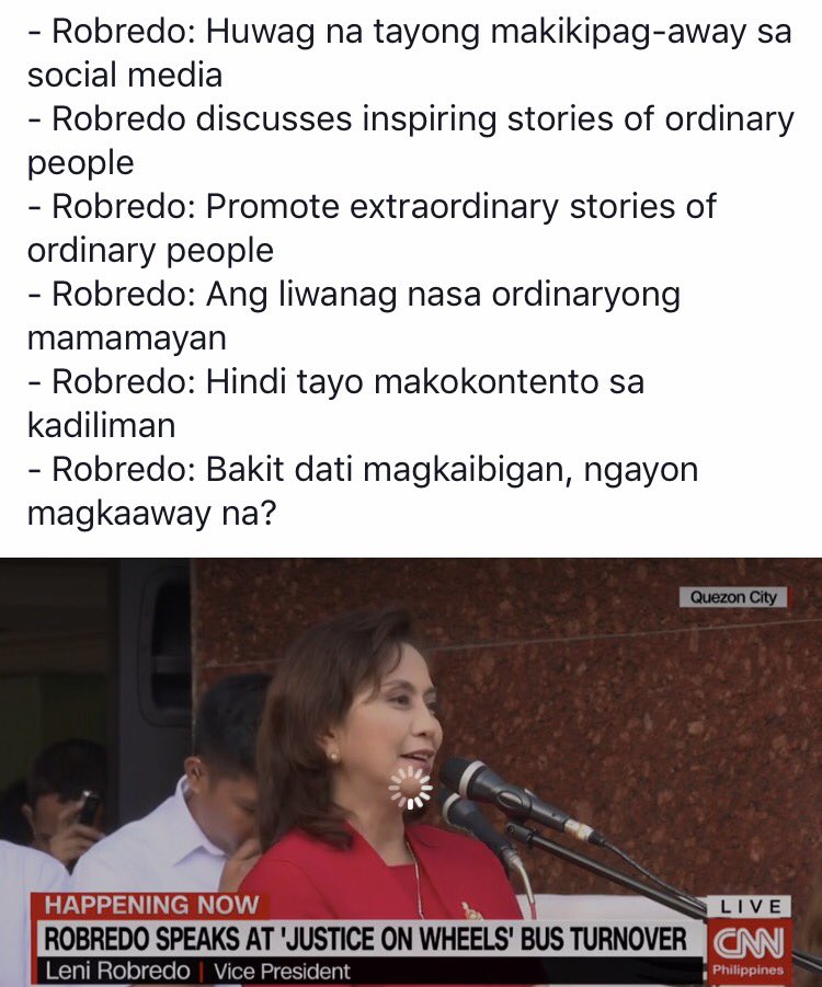 skywards2014's tweet photo. Leni: "Huwag na tayong magaway sa socmed"

Gagang ito, sino ba nagsimula ng War Against Trolls? Nagpauso ng Culture of Hate? #LeniUselessVP https://t.co/aq11xvNmVd