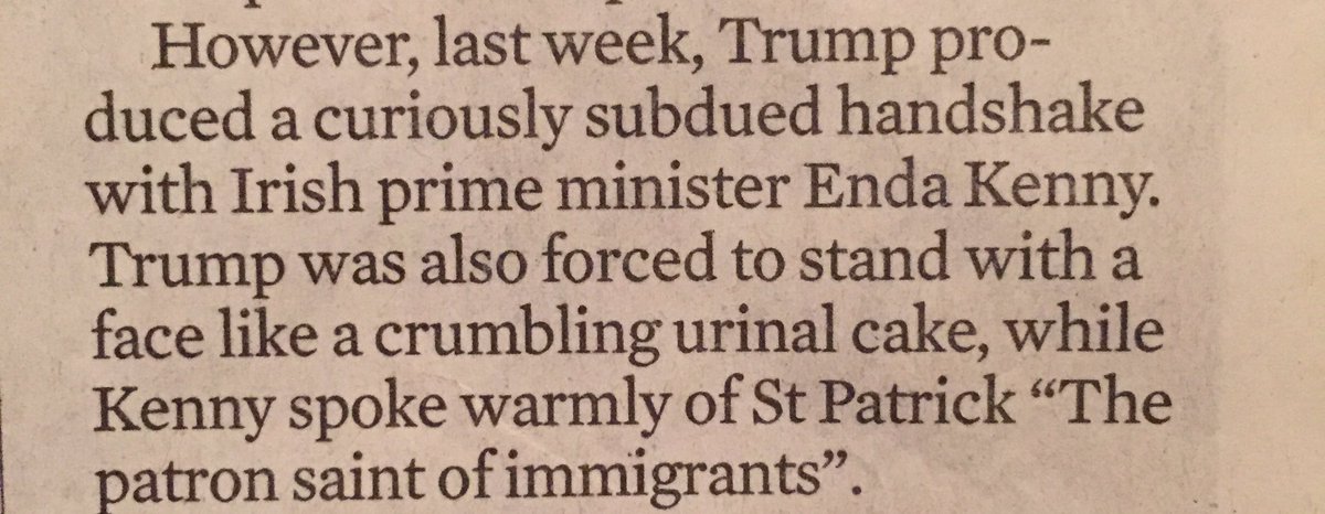 DFTodaro's tweet photo. Brilliant description from #BarbaraEllen on Trump meeting #EndaKenny in today's Observer @guardian ....face like a crumbling urinal cake https://t.co/qQjX5fH5xh
