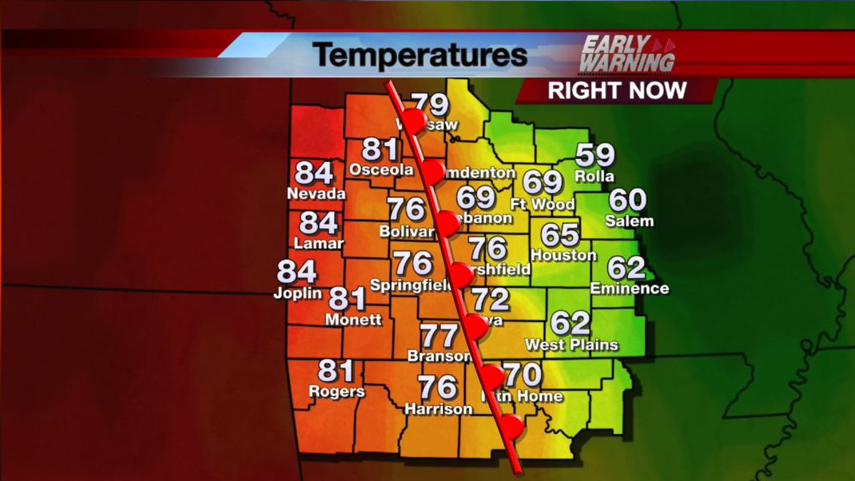 ksprweather's tweet photo. A warm front moving in to the Ozarks has allowed temperatures to ramp up! Tune in now for how long this trend lasts. https://t.co/JUi6kTBmUt