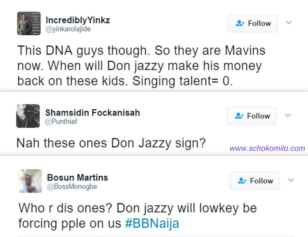 Schokomilo's tweet photo. Twitter is roasting Don Jazzy for signing the DNA Twins https://t.co/hr5PVTcvty
#BBNaija, #BBNajia, #Debbie, #TeamEfe, Ebuka, #Debbie-Rise https://t.co/Sz0lQzd5Lb