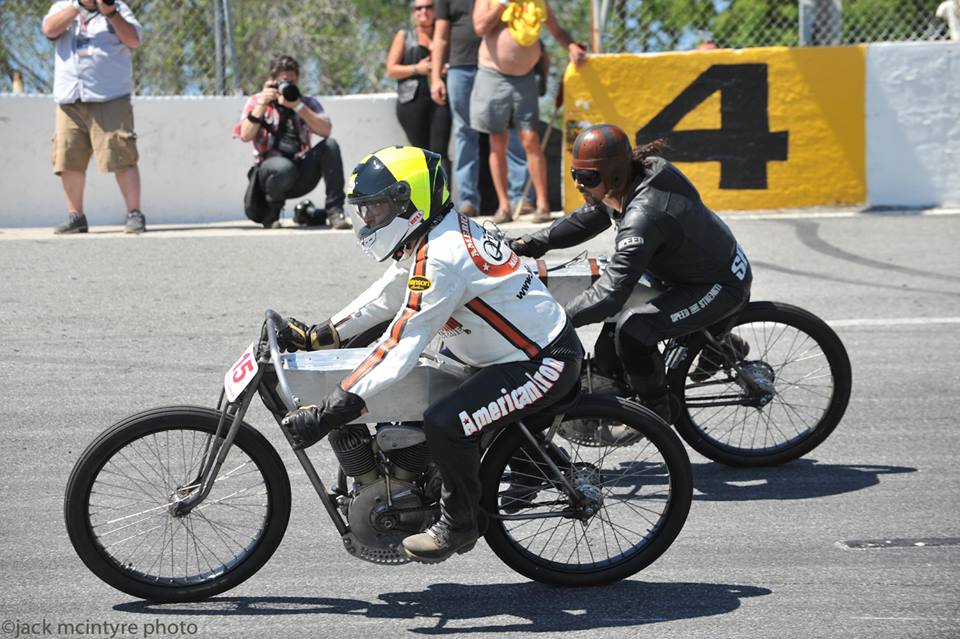 BuzzKanter's tweet photo. Billy Lane &amp; me setting up for 75mph front straight at #Sonsofspeed #boardtrackrace on #oldHarleys @OldBikes @AmericanIronMag @BillyLaneChop https://t.co/BFFiG1dp0K