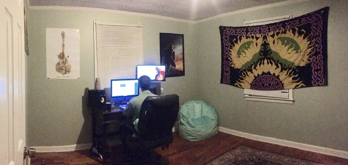 coffeewithdee's tweet photo. @SomeSoundGuy hard at work on the @Crashnauts game with his new monitor. #sounddesign #gameaudio #gamedev #indiedev #doublemonitors https://t.co/sQTUmADRC0