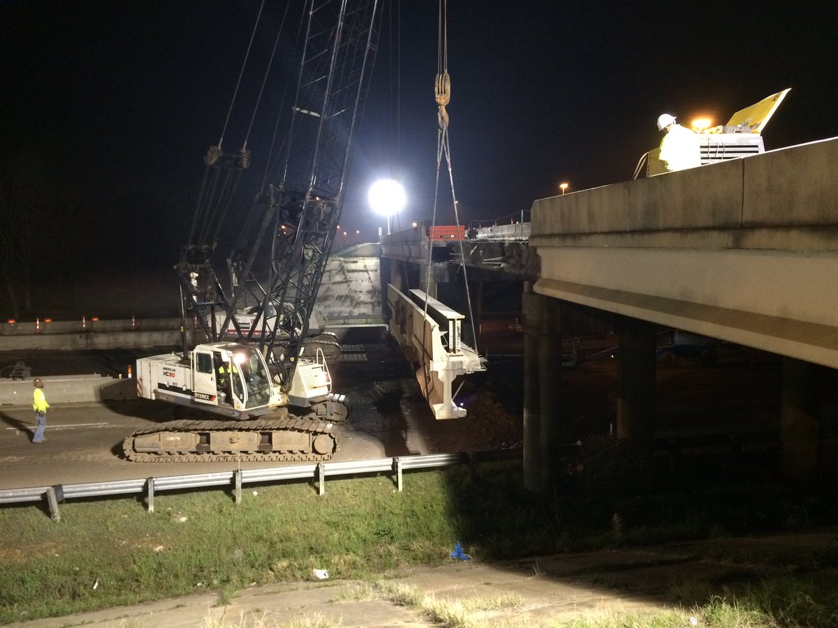 MississippiDOT's tweet photo. Crews worked through the weekend to remove & replace the damaged outside beam on the I-20 bridge over Hwy 49 in Rankin County. https://t.co/JVlpxbCKxs