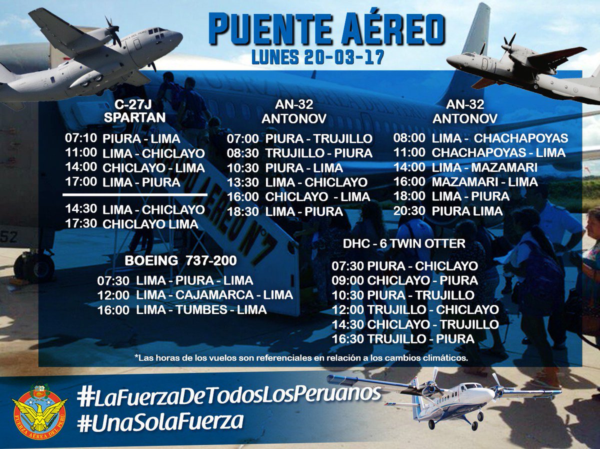 fapperu's tweet photo. #UnaSolaFuerza
Programación del puente aéreo #FAP para el día Lunes 20-03-17.
✈#LaFuerzaDeTodosLosPeruanos🚁
@MindefPeru @prensapalacio https://t.co/9droSgoOMD