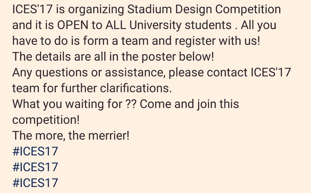 PEKA_UTM's tweet photo. Open for registration!!! 📣📣📣
Hi everyone! @ICES2017 is organizing
[ STADIUM DESIGN COMPETITION 🏟 ]
👇Check out the details below #ICES17 https://t.co/VyyXkFfrDm