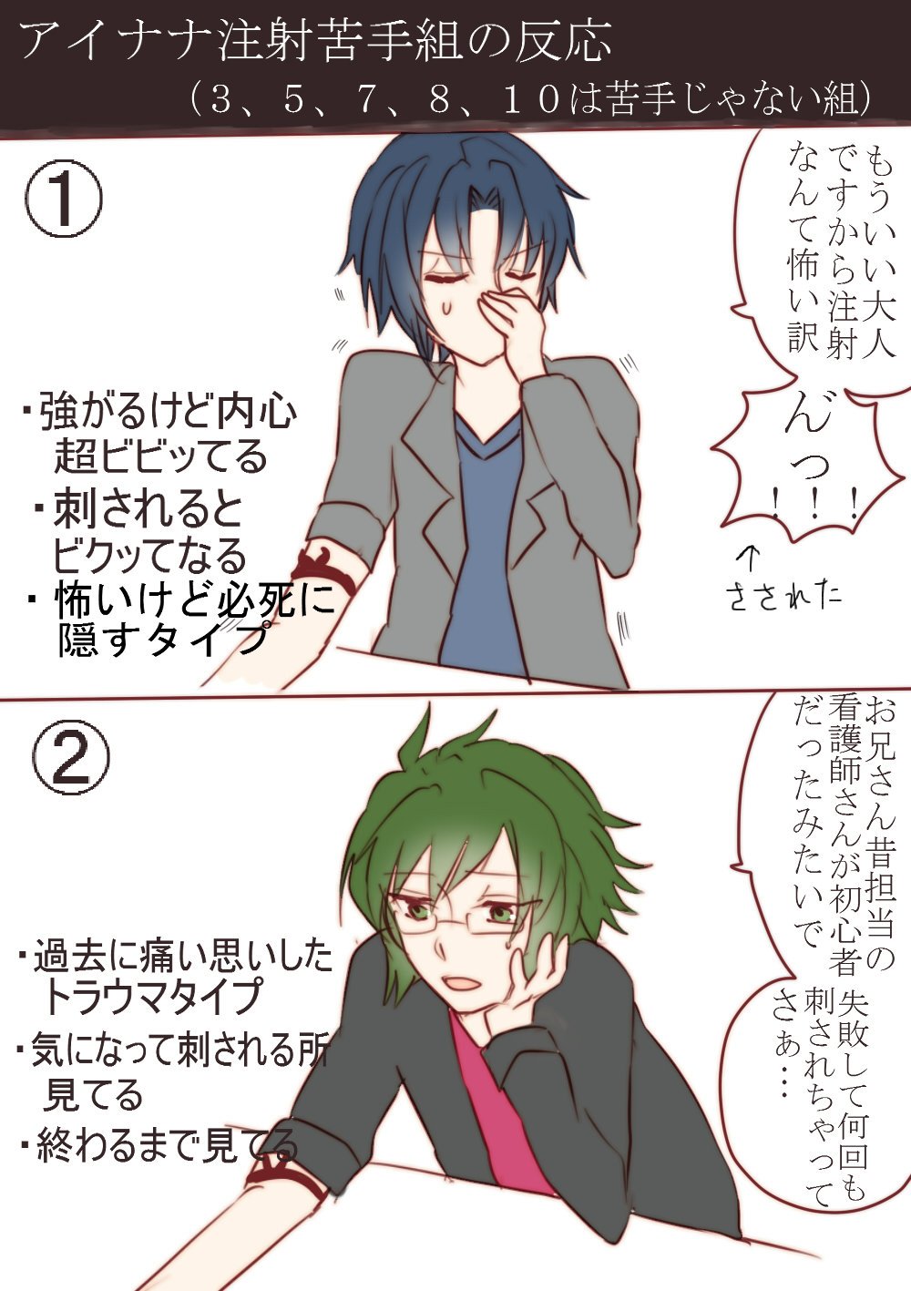 あまびす アイナナ注射苦手組の反応まとめ 独断と偏見なので何でも許せる方向け 皆さんどのタイプですか T Co N6ja7fp8cj Twitter