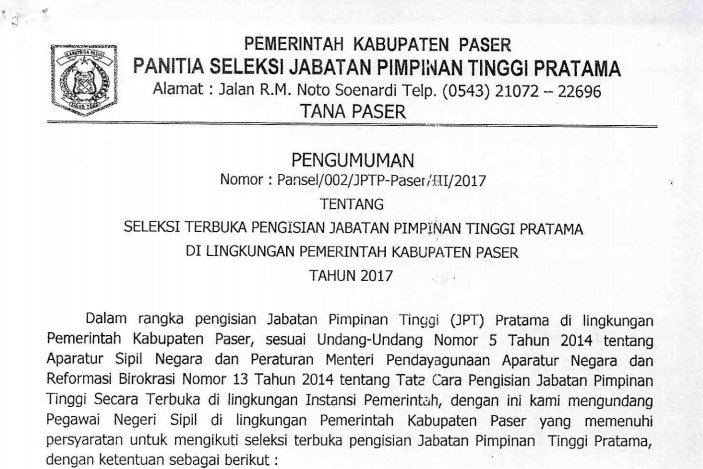 HumasPaser's tweet photo. SELEKSI TERBUKA JPT PRATAMA DI LINGKUNGAN PEMKAB PASER 2017 https://t.co/Z6eku1pIUJ @Seputar_Paser @kaltim_post #humaspaser #infopaser https://t.co/aRXd0yrxxh